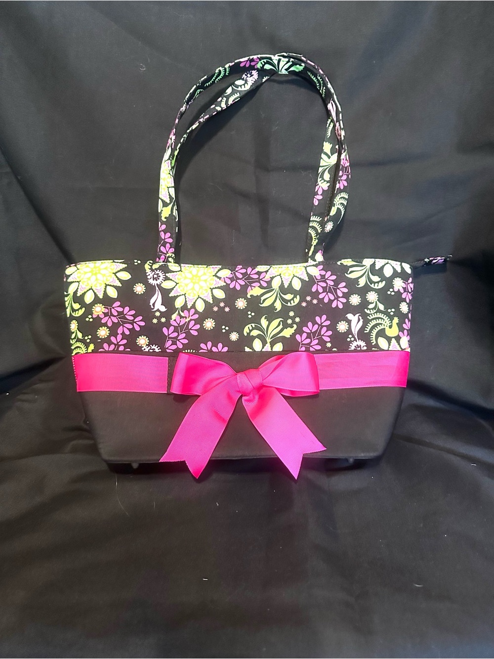 G-3 Black Floral Purse with Hot Pink Bow, lots of room.
